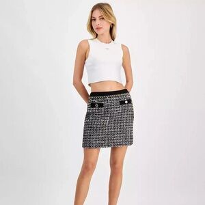 GUESS Jeans YVONNE MIX DENIM CHAIN TWEED SKIRT, Black, White, Gold